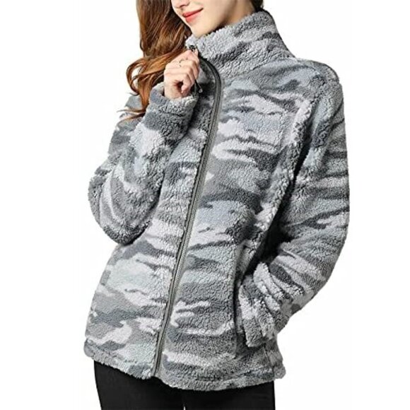 NEW Member's Mark Ladies Full Zip Cozy Sherpa Gray Camo Military Warm Jacket Z14 - Picture 1 of 9